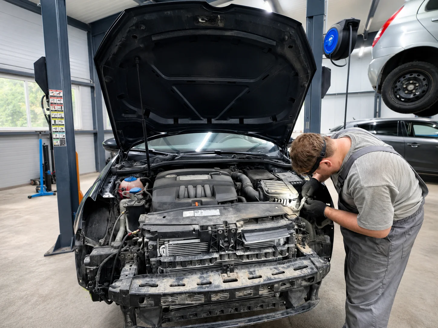 Мастер GT CAR проводит диагностику автомобиля под капотом